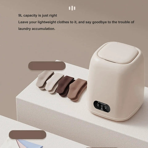 Game Changing 9L Portable Washing Machine With Spin Dryer And Clever Hidden Drain Hose, showcasing compact design and color swatches.