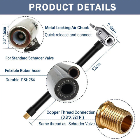 Heavy Duty Air Inflator Hose Adapter Converting Twist On Valve To Lock On Tire Chuck Connector with metal and rubber components.