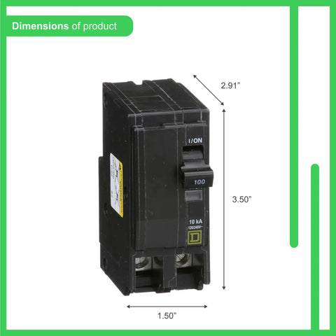 QO 100 Amp Two Pole Circuit Breaker With Plug On Design For 120 240 VAC Easy Install dimensions shown