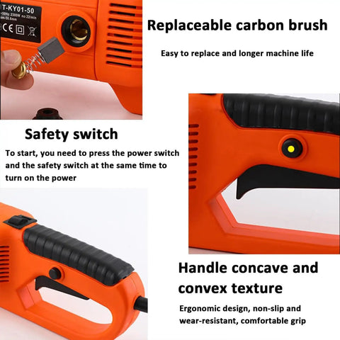 Close-up view of Heavy Duty 2300W Electric Pipe Threader Kit With Six Dies For Bspt Pipes showing replaceable carbon brush and safety switch.