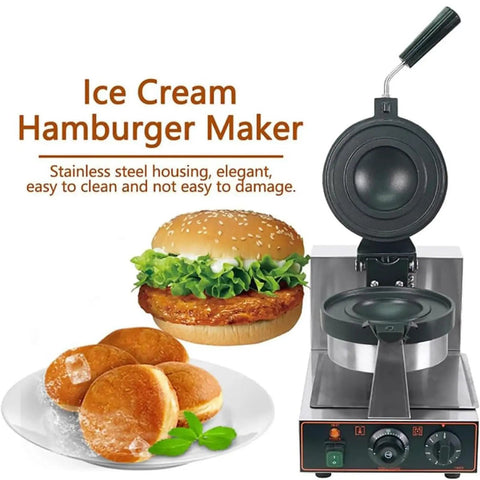Ice Cream Hamburger Maker with stainless steel design, cooking hamburgers and desserts for family gatherings.
