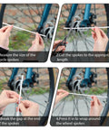 Four-step process of installing White Spoke Covers 72 Pcs Universal 8 To 21 Inch Reflective Wheel Covers using scissors and hands.