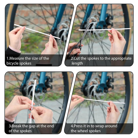 Four-step process of installing White Spoke Covers 72 Pcs Universal 8 To 21 Inch Reflective Wheel Covers using scissors and hands.