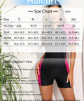 Size chart on model wearing Womens Boyleg One Piece Rash Guard With Built In Bra And Zip Front UPF 50 Plus Short Sleeve Surfing Swimsuit