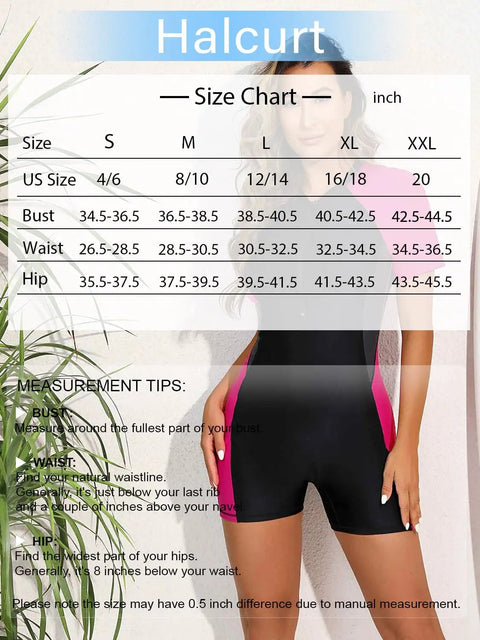 Size chart on model wearing Womens Boyleg One Piece Rash Guard With Built In Bra And Zip Front UPF 50 Plus Short Sleeve Surfing Swimsuit