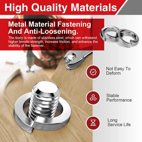 M6 Stainless Steel Split Lock Washers 50 Pack, Tough Anti Loosening Spring Gaskets displayed with bolts on wood surface