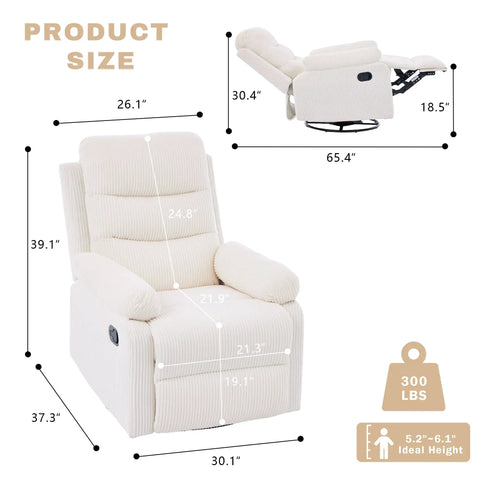 Dimensions of Rocking Recliner Chair With 360 Degree Swivel Glider And Manual Recline, Corduroy Fabric Upholstery, Cozy Beige