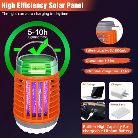 Two Pack Solar Bug Zapper For Outdoor Patio Waterproof Mosquito Zappers 3 In 1 Cordless Rechargeable Mosquito Repellent Flashlight Indoor Killer Orange