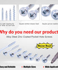 No 8 Pocket Hole Screws Alloy Steel Zinc Weather Resistant Square Drive Coarse Thread One And A Quarter Inch shown with uses.