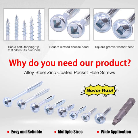 No 8 Pocket Hole Screws Alloy Steel Zinc Weather Resistant Square Drive Coarse Thread One And A Quarter Inch shown with uses.
