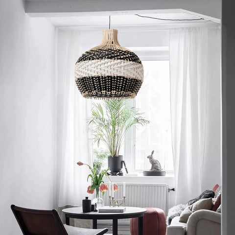 Boho Rattan Pendant Light For Kitchen Island Handmade Woven Chandelier In Black And White Coastal Rustic Lamp hanging in living room