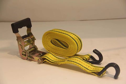 Heavy Duty Ratchet Cargo Tie Down Straps One And A Half Inch By Fifteen Feet 3000 Lbs Break Strength Dual J Hooks yellow strap