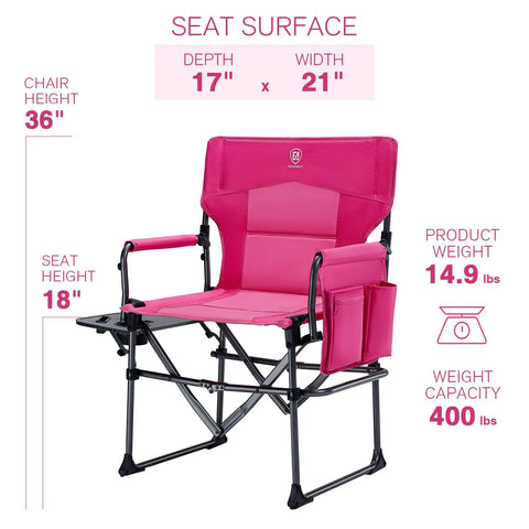 Compact Folding Directors Chair With Side Table And Pocket Pink Heavy Duty Lawn Chair For Camping And Outdoors Supports Up To 400lbs Portable Lightweight 13lbs Aluminum Iron Build Easy Carry