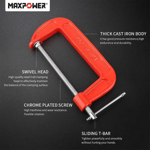 Three Piece C Clamp Set With 3 Inch 4 Inch And 6 Inch Clamps Ductile Cast Iron Construction Heavy Duty Rust Resistant Finish, single red C clamp