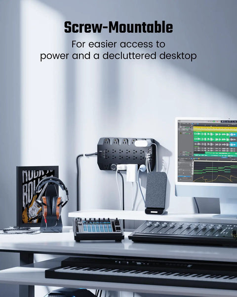 Screw-mounted Massive 28 In 1 Power Strip Surge Protector With 22 Outlets, 2 USB C Ports, 4 USB A Ports, wall mounted on desk