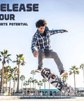 Skater performing tricks with Double Kick 31-Inch Maple Deck Skateboard With ABEC-9 Bearings And 95A PU Wheels, Custom Bat King Graphic.