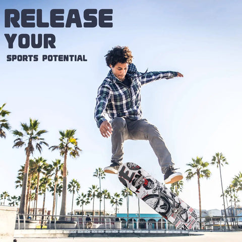 Skater performing tricks with Double Kick 31-Inch Maple Deck Skateboard With ABEC-9 Bearings And 95A PU Wheels, Custom Bat King Graphic.