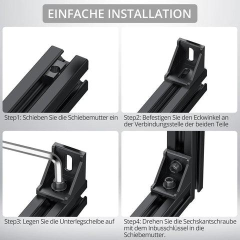 Installation steps for 10 Pack Aluminum Profile 4040 Corner Brackets for Extrusion Mounting, shown in black finish for DIY projects.