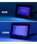JUDYSSY Led Uv Floodlight Ac 220 50W 100W Halloween Party Flood Lights showing 50W and 100W models with UV light.
