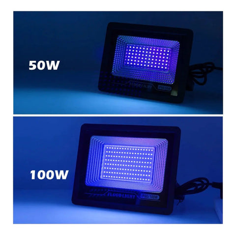 JUDYSSY Led Uv Floodlight 220 50W 100W Halloween Party Flood Lights showing 50W and 100W models with blue lighting.