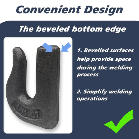 8 Pack 5/16 Inch G70 Weld On Grab Chain Hooks For Chains And Tractor Buckets, Heavy Duty Weld-On Hooks Set, 4700 Lb Working Load Limit, Forged Steel Construction, 2.5 In Long By 1.95 In Wide showing beveled bottom edge for welding