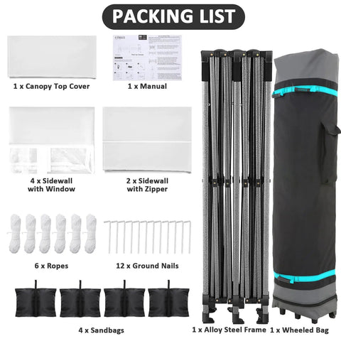 Packing list for Beast 10x20 Heavy Duty Pop Up Canopy With 6 Sidewalls Windproof And Waterproof featuring steel frame and roller bag