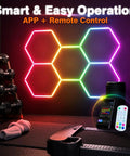 RGB Hexagon Garage Lights With Music Sync on wall in gym, LED hexagon panels in multicolor, smartphone and remote control visible