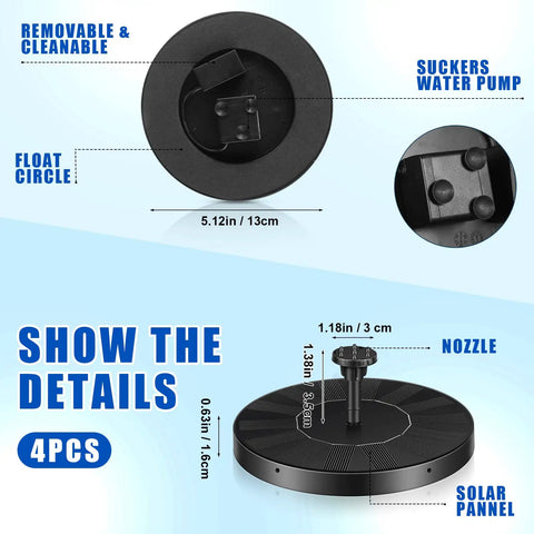4 Pack Solar Bird Bath Fountain Pumps With 6 Nozzle Heads For Pond Garden Fish Tank Or Pool Battery Free Solar Powered Water Feature Kit Easy To Install And Great For Wildlife And Backyard Vibes, showing details of removable parts and dimensions, includes solar panel and nozzle.