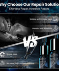 Infographic comparing windshield chip repair steps with images of repair kit bottles and tools for DIY liquid set for cars.
