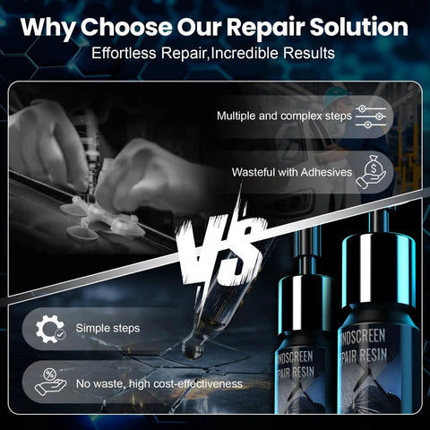 Infographic comparing windshield chip repair steps with images of repair kit bottles and tools for DIY liquid set for cars.