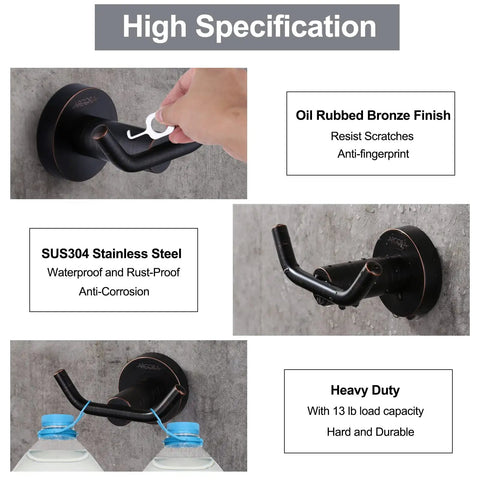 Oil Rubbed Bronze Towel Hooks Stainless Steel SUS 304 Heavy Duty Wall Robe Hooks For Bathroom 1 Pack Anti Fingerprint Waterproof Rust Proof Easy Install No Fuss showcased against wall with features.
