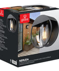 Box of Weatherproof Matte Black 1 Light Indoor Outdoor Wall Sconce With Seeded Glass Shade E26 Base on display