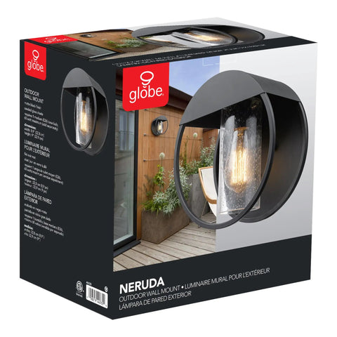Box of Weatherproof Matte Black 1 Light Indoor Outdoor Wall Sconce With Seeded Glass Shade E26 Base on display