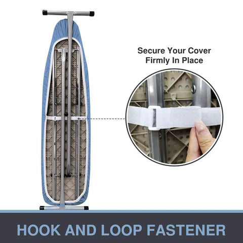 Extra Wide Ironing Board Cover And Pad 18 By 49 Inches with hook and loop fastener securing cover in place on board.