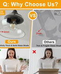 Modern Pendant Light Fixture with Clear Glass Shade comparison, thick 4mm glass vs 2mm fragile glass, showcasing quality upgrade.