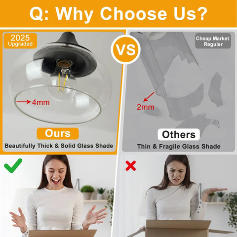 Modern Pendant Light Fixture with Clear Glass Shade comparison, thick 4mm glass vs 2mm fragile glass, showcasing quality upgrade.