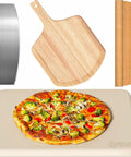 4 Piece Rectangle Pizza Stone Set 15 Inch For Oven And Grill With Oak Pizza Peel And Steel Pizza Cutter Plus 10 Free Parchment Papers Bake Restaurant Quality Pizza Bread And BBQ At Home For Your Next Pizza Night including pizza stone, oak paddle, steel cutter, and parchment papers.