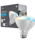 Cync Smart LED Light Bulbs Tunable White Bluetooth And Wi Fi Works With Alexa And Google A19 2 Pack next to packaging
