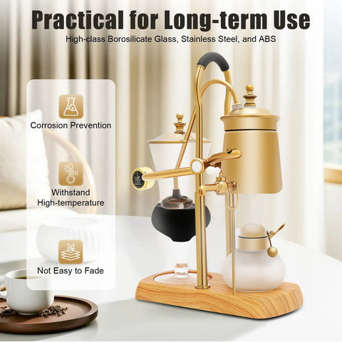 Belgian Style Balance Siphon Coffee Maker With Gravity Vacuum Brewing System, Borosilicate Glass And Stainless Steel Construction, Gold Finish