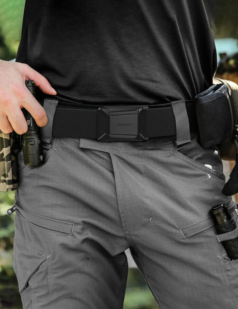 Man wearing Mens Stretch Tactical Belt With 1.5 Inch Elastic Nylon Webbing And Flip Quick Release Buckle for outdoor