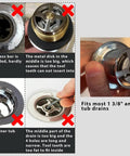 Image showing various drain issues with text annotations and a hand holding a drain adapter fitting 1 3/8" and 1 1/2" tub drains.
