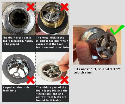 Image showing various drain issues with text annotations and a hand holding a drain adapter fitting 1 3/8" and 1 1/2" tub drains.