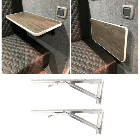 Heavy Duty Folding Shelf Brackets Stainless Steel Wall Mounted 15.6 Inch Load 551 Lbs with wood shelf shown folded and unfolded