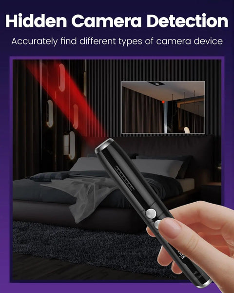 3-In-1 Travel Hidden Camera Detector And GPS Tracker Finder in hand, scanning hotel room for hidden cameras, Privacy Shield Device
