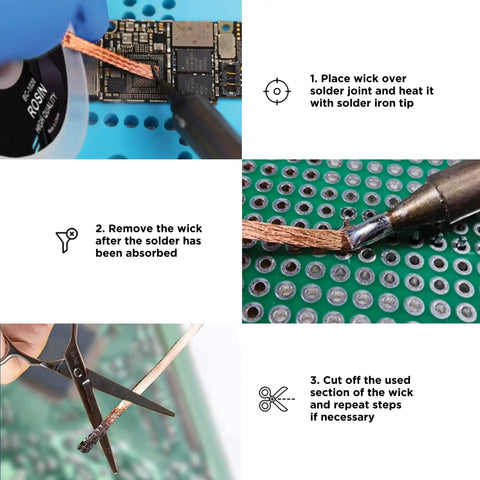Desoldering Wick Copper Braided Solder Braid With Flux Ten Feet Long Two Point Five Millimeter Wide No Clean Rosin Flux Pro Grade Desoldering Wire For Circuit Boards And Electronics Repair used to remove solder in repair process