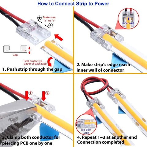 Instruction steps showing 8mm 2 Pin COB LED Strip Connector Kit with DC Female Input for seamless connections.