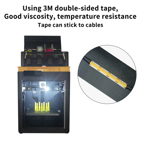 Close-up of LED Upgrade Kit For 3D Printers 5V 12W COB Strip Light With Y Adapter, installed in a 3D printer with double-sided tape.