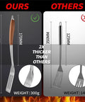 Comparison of rosewood BBQ spatula showing thickness and weight difference in Heavy Duty Rosewood BBQ Tools Set With Extra Thick Stainless Steel Spatula Fork And Tongs For Grilling Mastery Great Gift For Dad And Grill Crew Durable Indoor Outdoor Utensils For Barbecue
