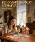Moving Dream Coffee Factory Kit That Actually Runs A Tiny Miniature Coffee Plant Scene With Music Box And LED Lights No Glue Kinetic 3D Wood Puzzle For Adults A Totally Fun Modern Home Decor Gift For Women And Men, woman assembling wooden mini coffee factory on table