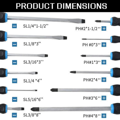 12 Piece Magnetic Screwdriver Set With Heavy Duty Go-Thru Steel Blades, high torque performance set dimensions guide.